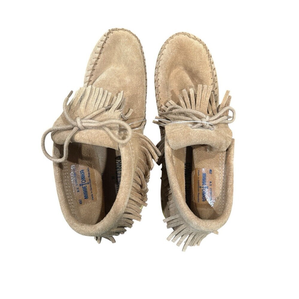 Minnetonka Venice 457 Women's 6.5 Tan Suede Bootie Ankle Boots Moccasins Fringe - Picture 4 of 7